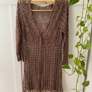 Copper-colored long-sleeved crochet knit cardigan